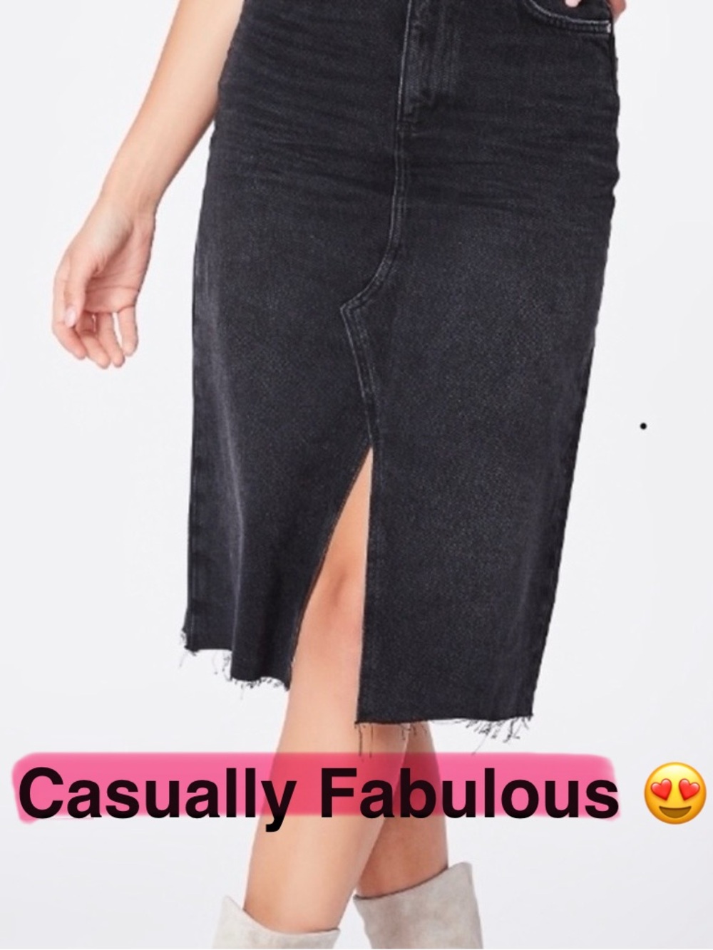 PAIGE Washed Black Denim Midi Skirt with Front Slit